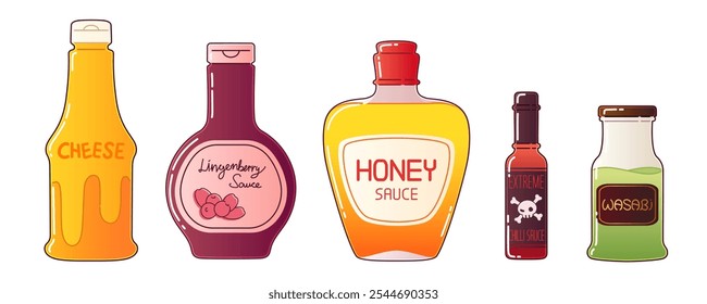 Conjunto de botellas de salsa aisladas sobre fondo blanco. Ilustración de dibujos animados de Vector contemporáneo de queso, arándano, miel, chile, condimento de wasabi para alimentos, dulce, agrio, condimento caliente, menú del restaurante