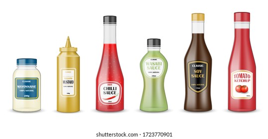 Sauce bottles set. realistic glass bottle containers with ketchup, mayonnaise, mustard, hot chilli and soy sauces. Condiment plastic packaging for fast food sauces. vector illustration