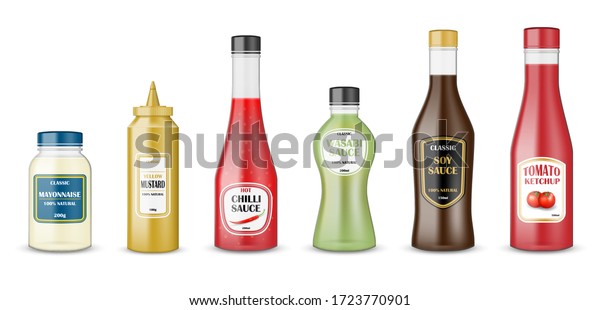 Sauce\
bottles set. realistic glass bottle containers with ketchup,\
mayonnaise, mustard, hot chilli and soy sauces. Condiment plastic\
packaging for fast food sauces. vector\
illustration