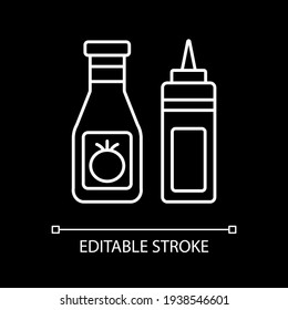 Sauce bottles white linear icon for dark theme. Ketchup and mustard. Dressing for cooking. Thin line customizable illustration. Isolated vector contour symbol for night mode. Editable stroke