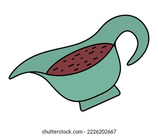 Sauce bowl. Color vector illustration. Isolated background. Cartoon style. A traditional gravy for a hot dinner. Ceramic mug for filling. Syrup container with spout. Dishes with sauce inside. 