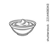 Sauce bowl outline icon vector illustration. Line hand drawing BBQ, tomato ketchup, mustard or yoghurt cream, mayonnaise for dipping food, side view of condiment and seasoning sauce in glass cup