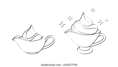 Sauce bowl. Sauceboat with whipped cream or yogurt. For sweet desserts, ice cream, hot meat dishes, vegetable stews. Use for cafes, food delivery sites and restaurants. Sketch, linear drawing