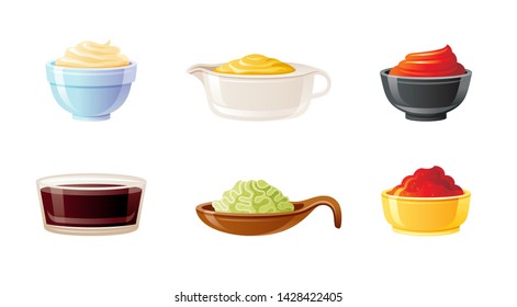 Sauce bowl set. Soy Wasabi Mustard Ketchup Hot Chili Mayonnaise sauces. Condiment food icon. Porcelain, glass, ceramic bowls, pans & cups. 3d realistic vector illustration isolated on white background