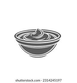 Sauce in bowl, side view glyph icon vector illustration. Stamp of yogurt or sour cream splashes in glass round cup, mayonnaise or creamy mousse swirls, fresh curd sauce for dipping and eating snacks