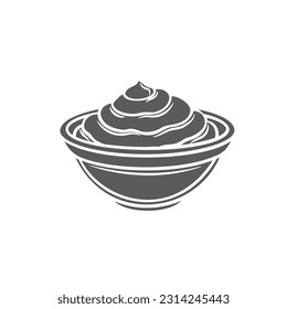 Sauce in bowl, side view glyph icon vector illustration. Stamp of BBQ tomato sauce, creamy mayonnaise or ketchup, sour cream or mustard in ceramic or glass round cup, appetizer dip for eating