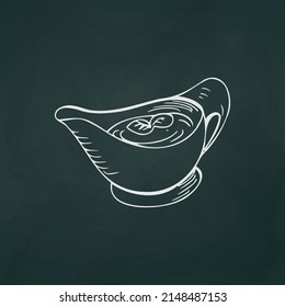 Sauce bowl with sauce thin white lines on a textural dark background - Vector illustration