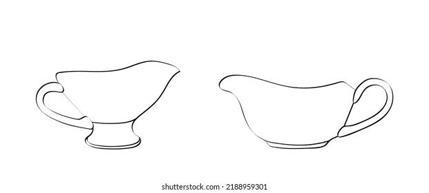 Sauce bowl. Traditional gravy, seasoning for hot dinner. Dishes for liquid sweet syrup with spout. Design element for cafes, food delivery sites and restaurants. Sketch, linear contour drawing