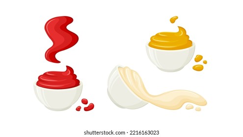 Icono del vector del tazón de salsa. Ketchup, mayonesa, mostaza aislada sobre fondo blanco. Ilustración alimentaria