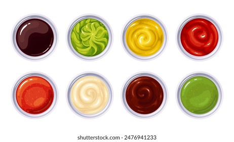 Sauce cartoon bowls set, top view. Round glass cups with tomato ketchup and barbecue, chili dip and mustard, mayonnaise and wasabi, pesto. Soy sauce and dressing for dishes cartoon vector illustration