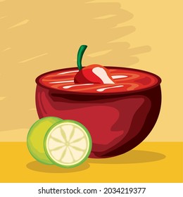 sauce chili pepper and lemon cartoon