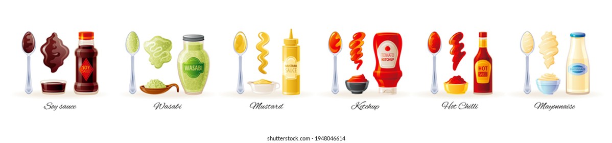 Sauce condiment bottles. Ketchup, mustard, mayonnaise, soy, hot bbq, wasabi. Food seasoning jar and bottle icon set. Cartoon vector packaging illustration. Chinese, Italian cuisine sauces.