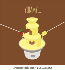 sauce cute fondue treat cartoon concept & creative card. sweet white liquid chocolate fountain machine flat design vector isolated. dessert & dipped strawberry Marshmallow candy stick dip. yummy text