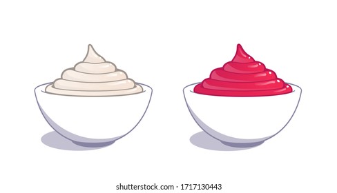 Sauce dip in bowls. Ketchup and mayonnaise in cartoon style. Vector illustration.