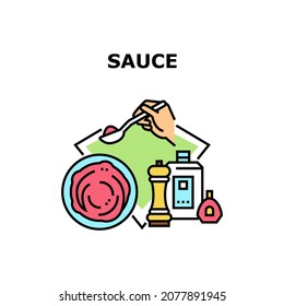 Sauce For Dish Vector Icon Concept. Ketchup And Mayonnaise, Mustard And Pepper Delicious Sauce For Dish. Flavoring Tasty Meal With Homemade Culinary Spice Liquid Color Illustration