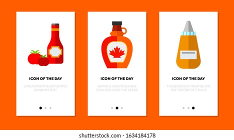 Sauce flat icon set. Ketchup, mustard, maple syrup, dressing isolated sign pack. Food, menu, cooking concept. Vector illustration symbol elements for web design