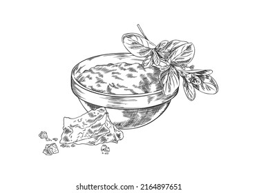 Sauce or food condiment with piece of parmesan cheese and basil, hand drawn engraving vector illustration isolated on white background. Sauce in ceramic bowl.