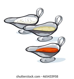 sauce in a gravy boat to choose. seasoning sketch vector illustration.