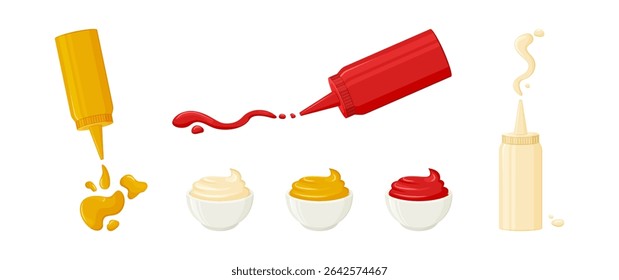 Sauce icon. Ketchup, mustard and mayonnaise bottle. Cartoon sauce bowl, splash and stain. Seasoning packaging, food drip. Kitchen tasty set isolated on white bg. Red, yellow, white vector illustration