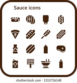 sauce icon set. 16 filled sauce icons.  Simple modern icons about  - Hot dog, Steak, Mayonnaise, Crepe, Mustard, Sauce, Tomato Grill, Custard