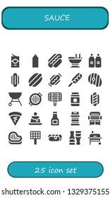 sauce icon set. 25 filled sauce icons.  Simple modern icons about  - Tomato sauce, Hot dog, Custard, Sauces, Steak, Grill, Jar, Crepe, Creme caramel, Condiments