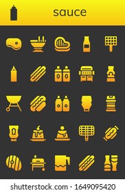 sauce icon set. 26 filled sauce icons.  Simple modern icons such as: Steak, Sauce, Custard, Ketchup bottle, Grill, Hot dog, Sauces, Mustard, Mayonnaise, Condiments, Ketchup, Creme caramel