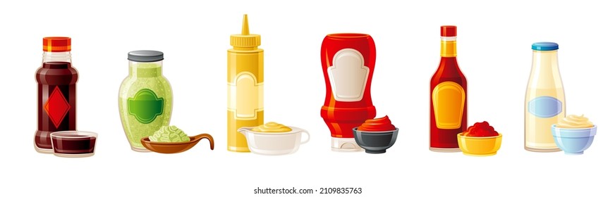 Sauce icon set. Soy, Wasabi, Mustard, Ketchup, Hot Chilli, Mayonnaise. Sauces in plastic packaging, glass bottles, cup bowl. 3d realistic cartoon food vector illustration isolated on white background