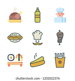 sauce icon set. vector set about sushi, kebab, chicken and french fries icons set.