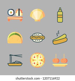 sauce icon set. vector set about clam, taco, noodles and sushi icons set.