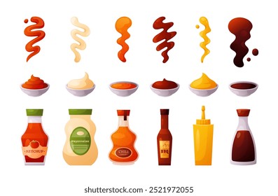 Iconos de salsa. Vector conjunto de diferentes salsas con tomate ketchup, mostaza, mayonesa, soja, picante picante, chile de pimienta, barbacoa en el tazón. Salpicaduras de tiras, gotas, líquido. Aliño picante para la comida, barbacoa 