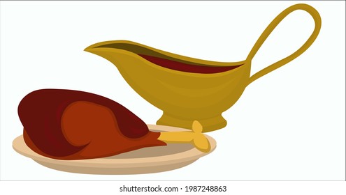 A sauce jug with a fried hen on a plate. Vector illustration.