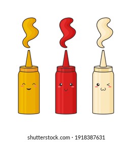 Sauce kawaii, vector funny character bottle. Mustard, ketchup, mayonnaise. Hot spice sauce pack in plastic container. Food illustration