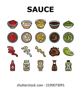 sauce ketchup food mayonnaise icons set vector. mustard, tomato, chili bbq, red splash, dressing spicy, barbecue dip bottle bowl sauce ketchup food mayonnaise color line illustrations