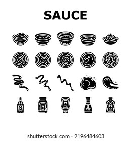 sauce ketchup food mayonnaise icons set vector. mustard, tomato, chili bbq, red splash, dressing spicy, barbecue dip bottle bowl sauce ketchup food mayonnaise glyph pictogram Illustrations