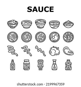 sauce ketchup food mayonnaise icons set vector. mustard, tomato, chili bbq, red splash, dressing spicy, barbecue dip bottle bowl sauce ketchup food mayonnaise black contour illustrations