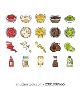sauce ketchup food mayonnaise icons set vector. mustard, tomato, chili bbq, red splash, dressing spicy, barbecue dip bottle bowl sauce ketchup food mayonnaise color line illustrations