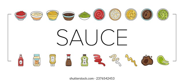 sauce ketchup food mayonnaise icons set vector. mustard, tomato, chili bbq, red splash, dressing spicy, barbecue dip bottle bowl sauce ketchup food mayonnaise color line illustrations