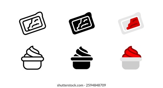 Sauce ketchup icon. Tomato-based condiment symbol. Fast food dipping sauce vector illustration. Small packet and cup pictogram. Topping sauce for fries, burgers and snacks.