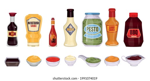 Sauce packaging set with isolated images of sauce bottles with text and dishes with delicious sauces vector illustration