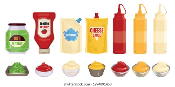 Sauce packaging set with isolated images of ready dishes with bottles of sauce and wasabi dishes vector illustration