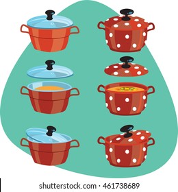 Sauce pan with lid and soup. Clean red sauce pan with polka dot pots pattern. Glass lid and yellow soup. Open and closed pot. Isolated. On aquamarine background.