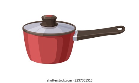 Sauce pan with long handle. Saucepan covered with glass lid. Kitchen ware for cooking. Cookware, deep pot with enamel. Flat vector illustration isolated on white background