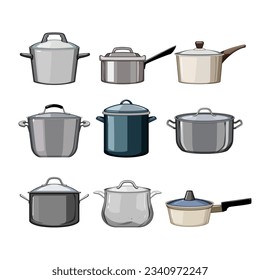 dibujos animados de sauce pan set. cocina casera sabrosa, saludable, con un signo de sartén fresco. ilustración vectorial de símbolo aislado