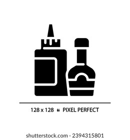 Sauce pixel perfect black glyph icon. Salad dressing. Meal accompaniment. Flavor enhancer. Condiments aisle. Silhouette symbol on white space. Solid pictogram. Vector isolated illustration