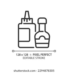 Sauce pixel perfect linear icon. Salad dressing. Meal accompaniment. Flavor enhancer. Condiments aisle. Thin line illustration. Contour symbol. Vector outline drawing. Editable stroke