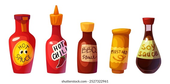 Salsa en botella de plástico y vidrio. Conjunto de Ilustración vectorial de dibujos animados de condimento de aderezo picante - chili caliente y barbacoa, mostaza y soja. Envase con salsa de condimento de alimentos. Pruebe el empaquetado del producto.