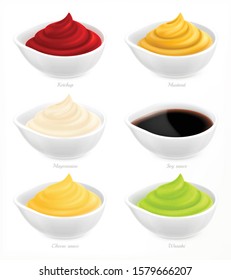 Sauce realistic icon set with ketchup mustard mayonnaise soy cheese and wasabi souses vector illustration