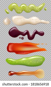 Sauce realistic. Liquid food splashes mayonnaise ketchup chili eating gourmet kitchen ingredients vector templates
