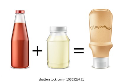 Sauce recipe vector concept illustration. Tomato ketchup mixed with mayonnaise to get mayochup, condiment for eating and cooking. Mockup with glass bottle and plastic jars for product advertising