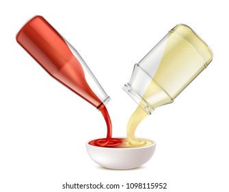 Sauce recipe vector concept illustration. Mockup with tomato ketchup and mayonnaise, pouring from glass bottles, blend in white ceramic bowl to get mayochup, tasty condiment for picnic and barbecue